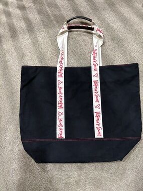 Victoria's Secret black Canvas Tote with White Branded Straps and Red Accents